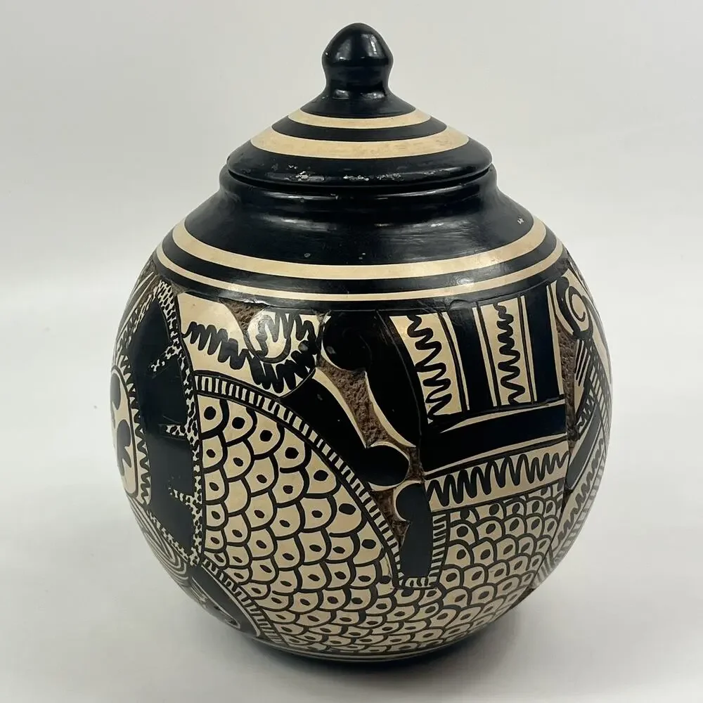 Vintage Sgraffito Pottery Lidded Jar Hand Carved Unique Handmade Black Tan Decor